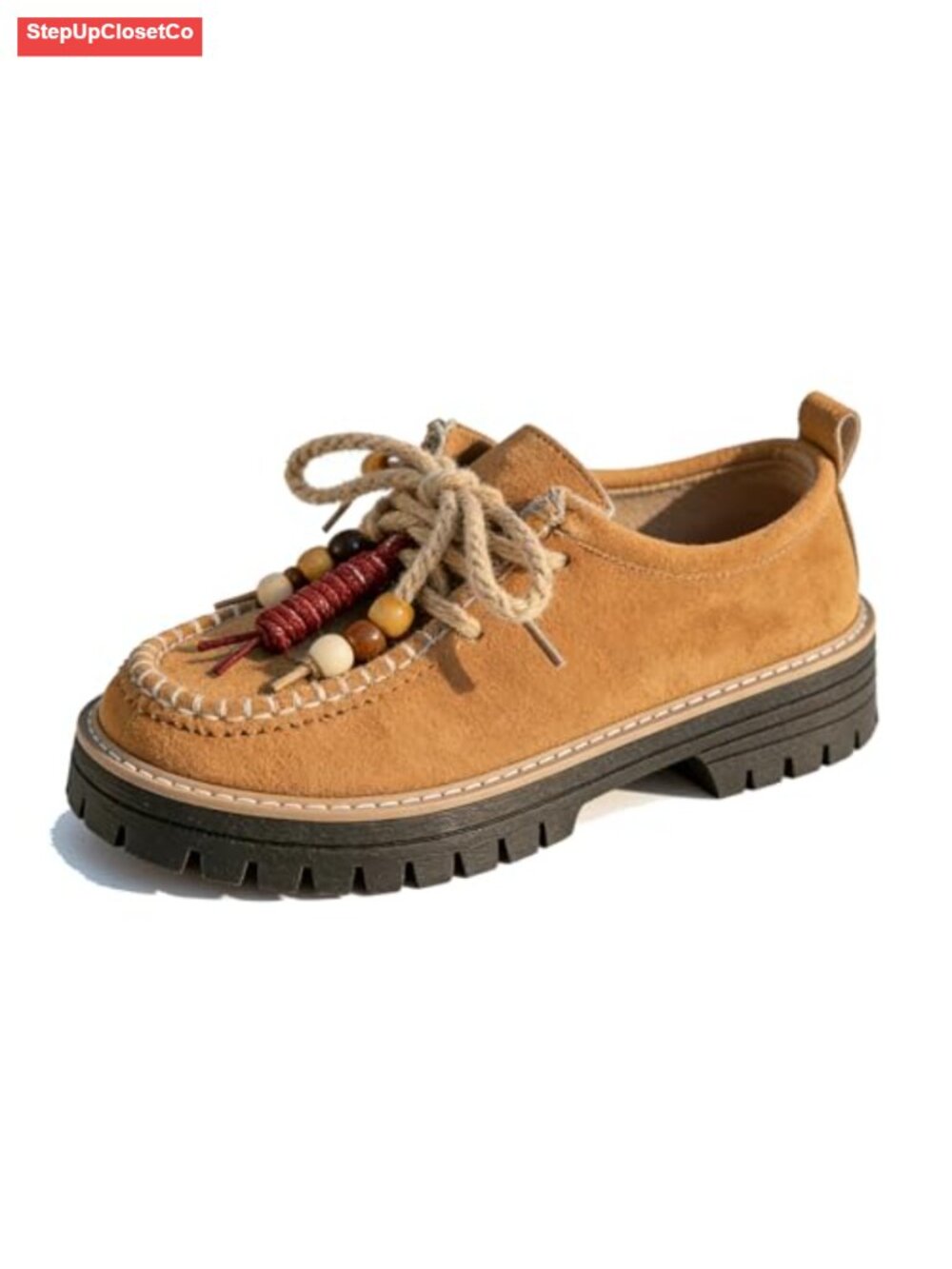 Women's Suede Platform Chunky Heel Lace Up Loafers Bohemian Beaded Mocc